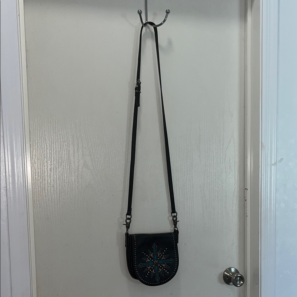 Black Leather Crossbody Bag with Star Design